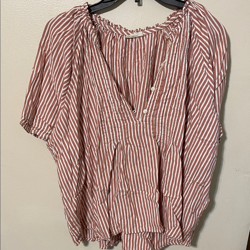 Striped V-Neck Blouse - Pink and White